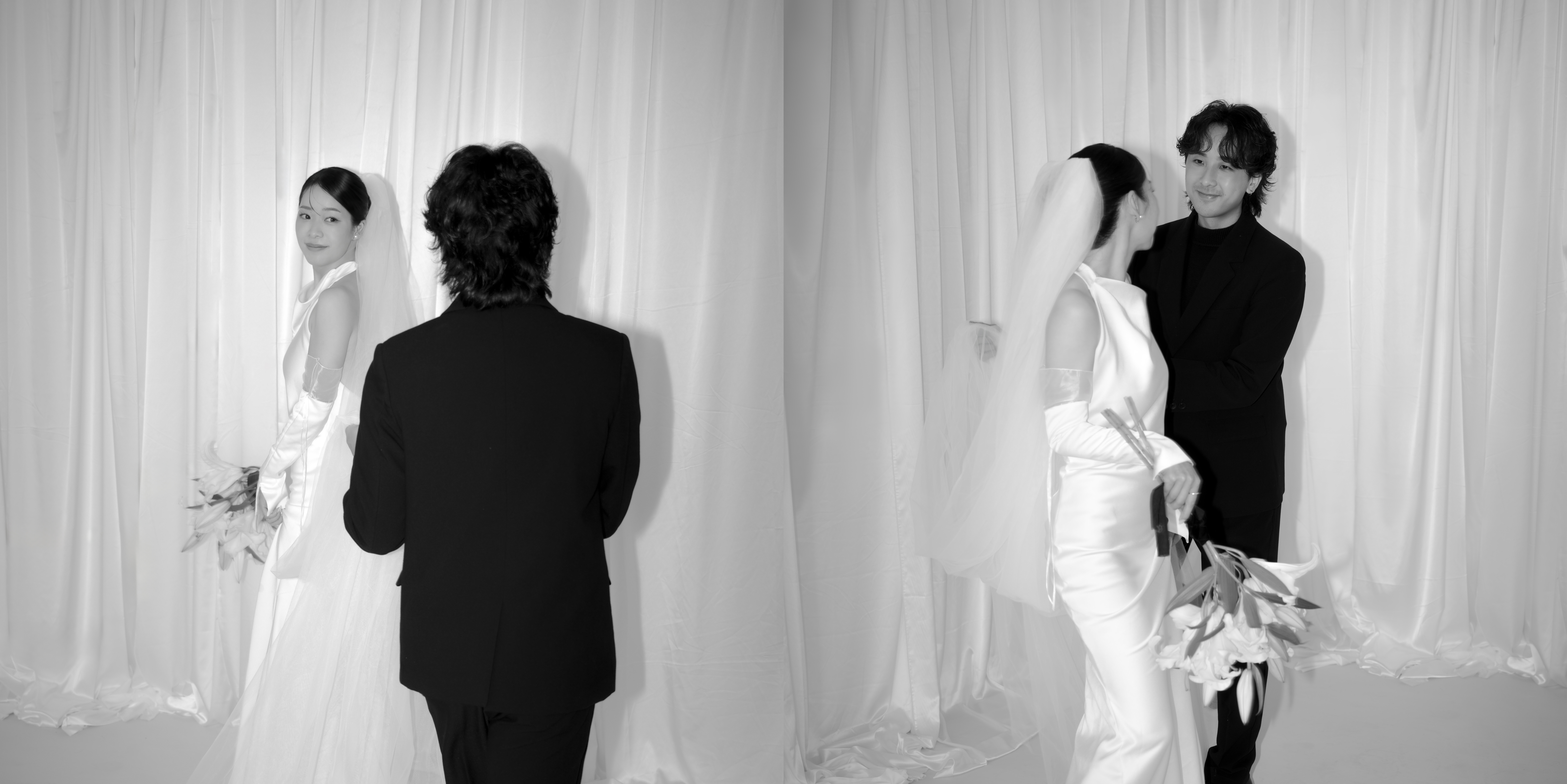 Lily and Red together in a black-and-white wedding portrait