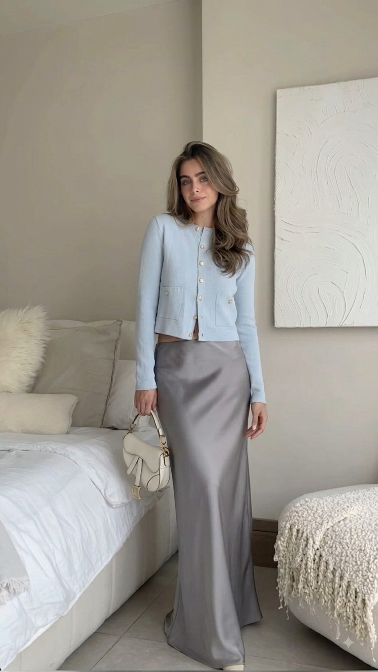 Women's resort elegant look with a pale blue cardigan and grey skirt